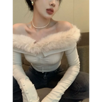 Off Shoulder Plush Trim Top – Y2K E-Girl Slim Fit Autumn Pullover - Tops & Tees - Long - Tops - 2