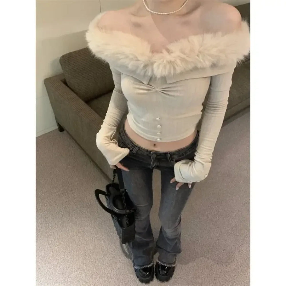 Off Shoulder Plush Trim Top – Y2K E-Girl Slim Fit Autumn Pullover - Tops & Tees - Long - Tops - 1
