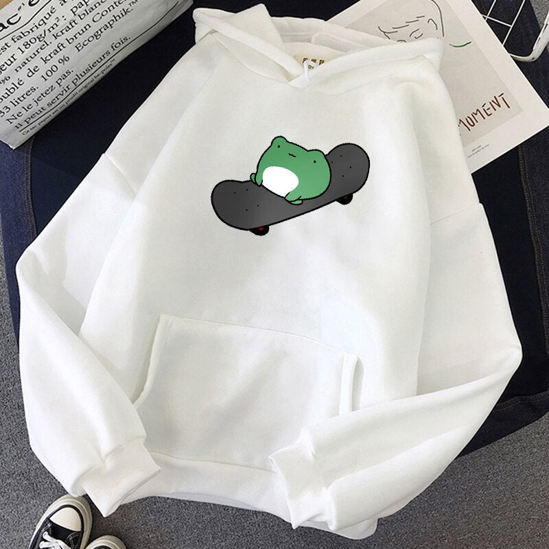 Skateboard Frog Vibes Hoodie - White / M - Women’s Clothing & Accessories - Shirts & Tops - 19 - 2024