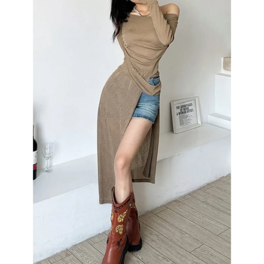 Asymmetrical Skew Collar Long Sleeve Dress - All Dresses - Midi Dress - 2