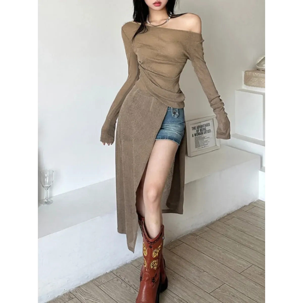 Asymmetrical Skew Collar Long Sleeve Dress - All Dresses - Midi Dress - 1