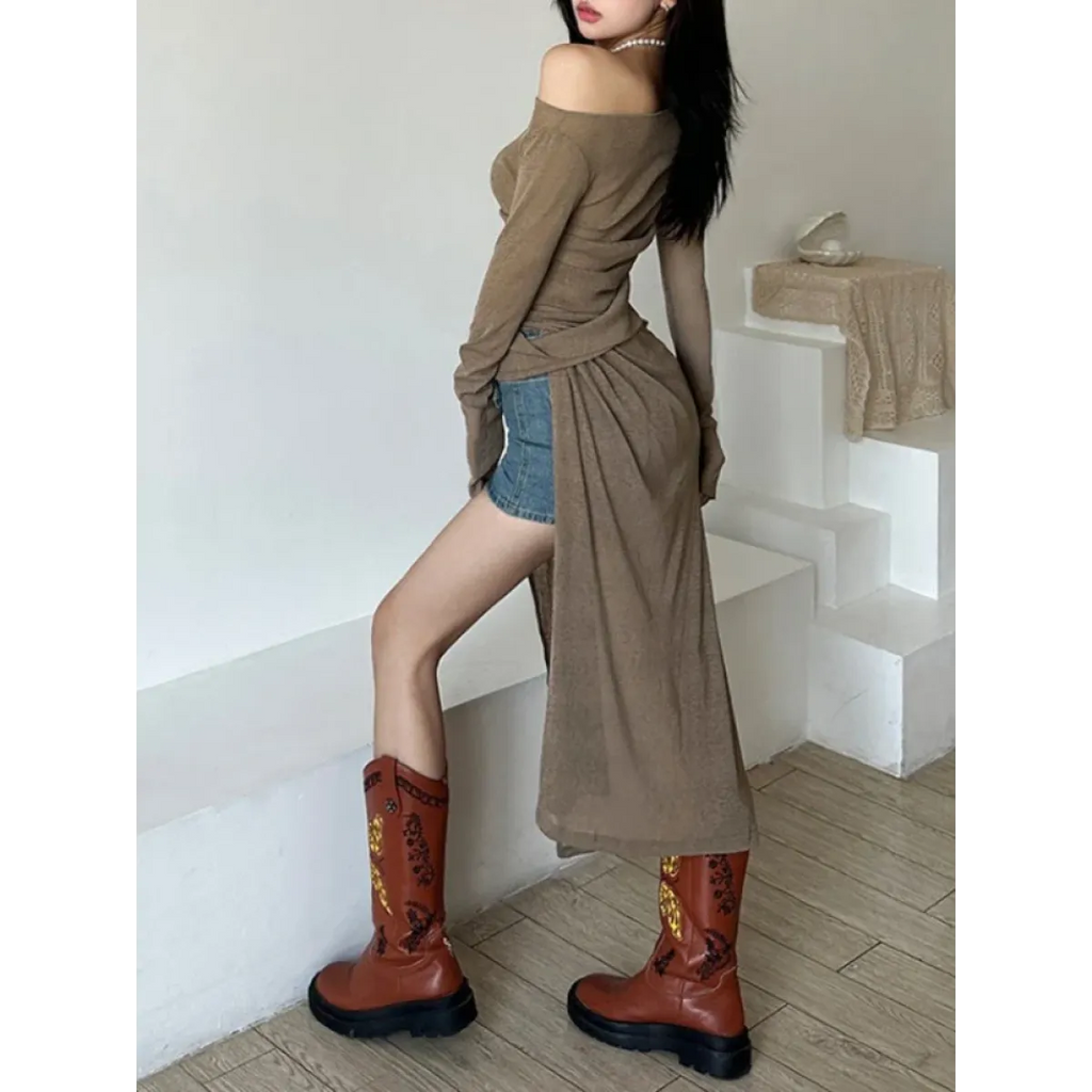 Asymmetrical Skew Collar Long Sleeve Dress - All Dresses - Midi Dress - 6