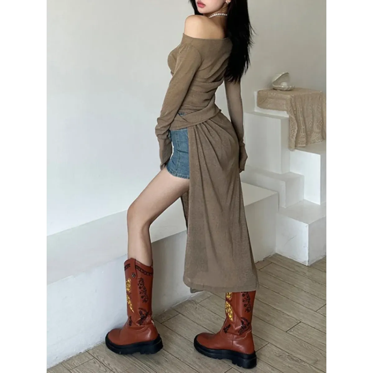 Asymmetrical Skew Collar Long Sleeve Dress - All Dresses - Midi Dress - 6