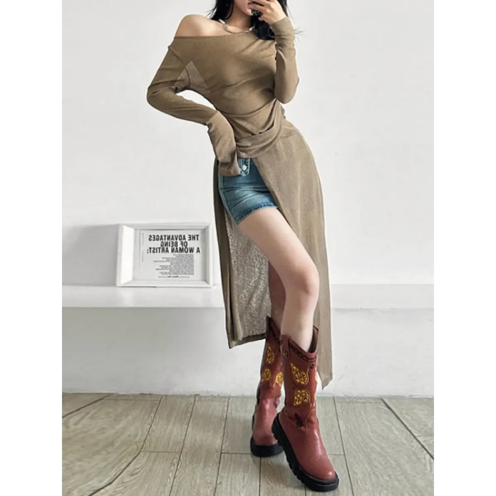 Asymmetrical Skew Collar Long Sleeve Dress - All Dresses - Midi Dress - 5