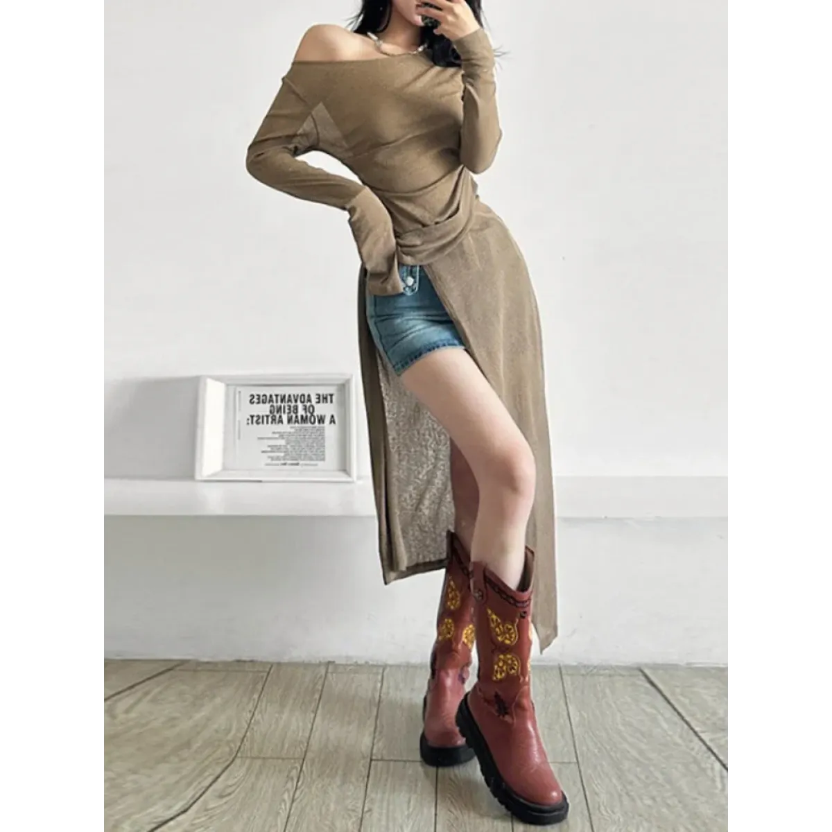 Asymmetrical Skew Collar Long Sleeve Dress - All Dresses - Midi Dress - 5