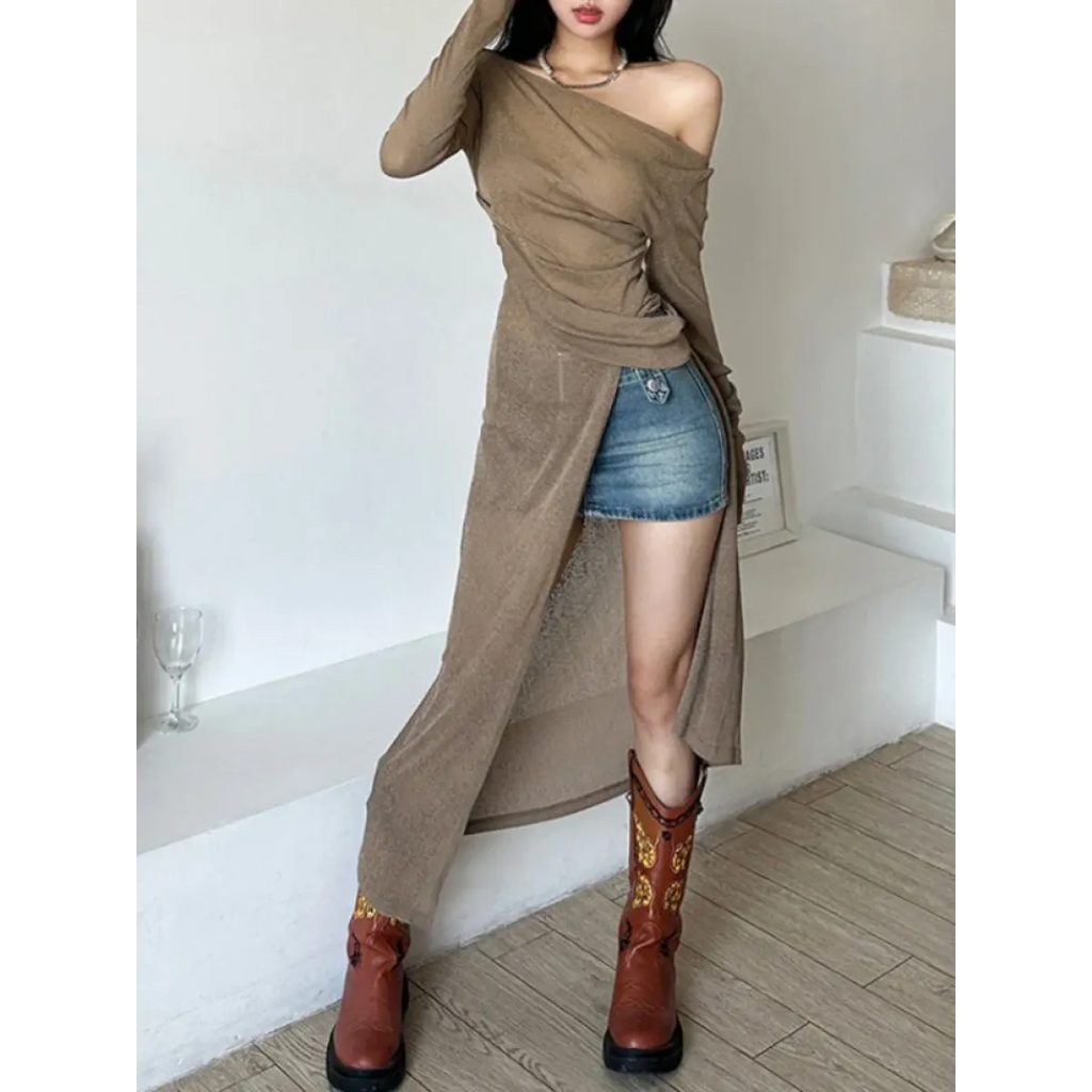 Asymmetrical Skew Collar Long Sleeve Dress - All Dresses - Midi Dress - 3