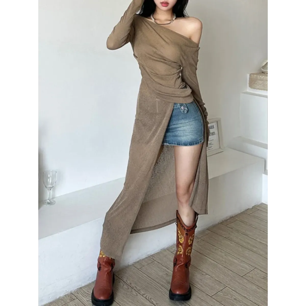 Asymmetrical Skew Collar Long Sleeve Dress - All Dresses - Midi Dress - 3