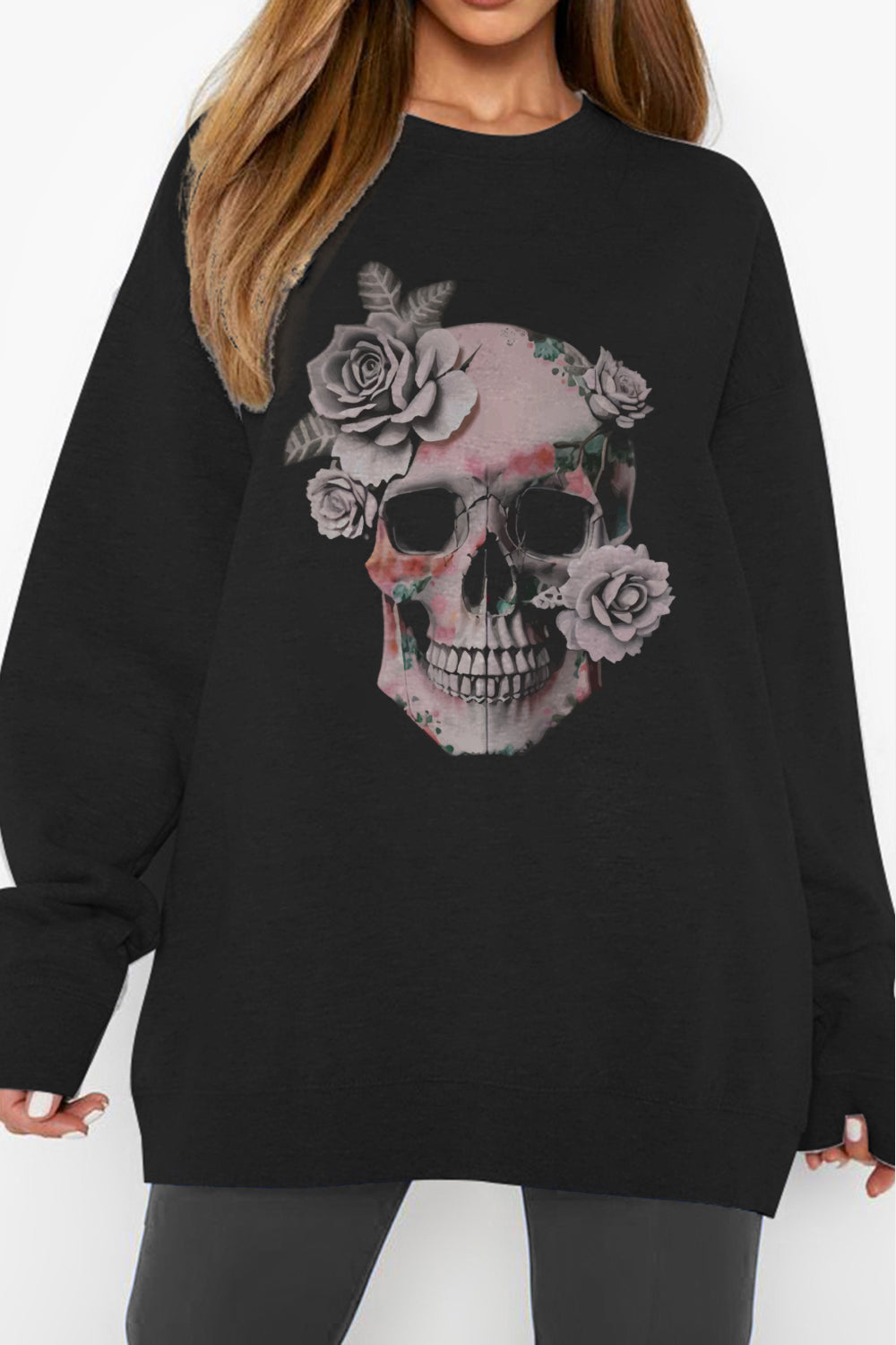 Full Size Dropped Shoulder SKULL Graphic Sweatshirt - T-Shirts - Shirts & Tops - 8 - 2024