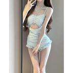 Pearl Halter Ruffle Monokini Swimsuit – Sky Blue - Swimsuits - Swimwear - 3