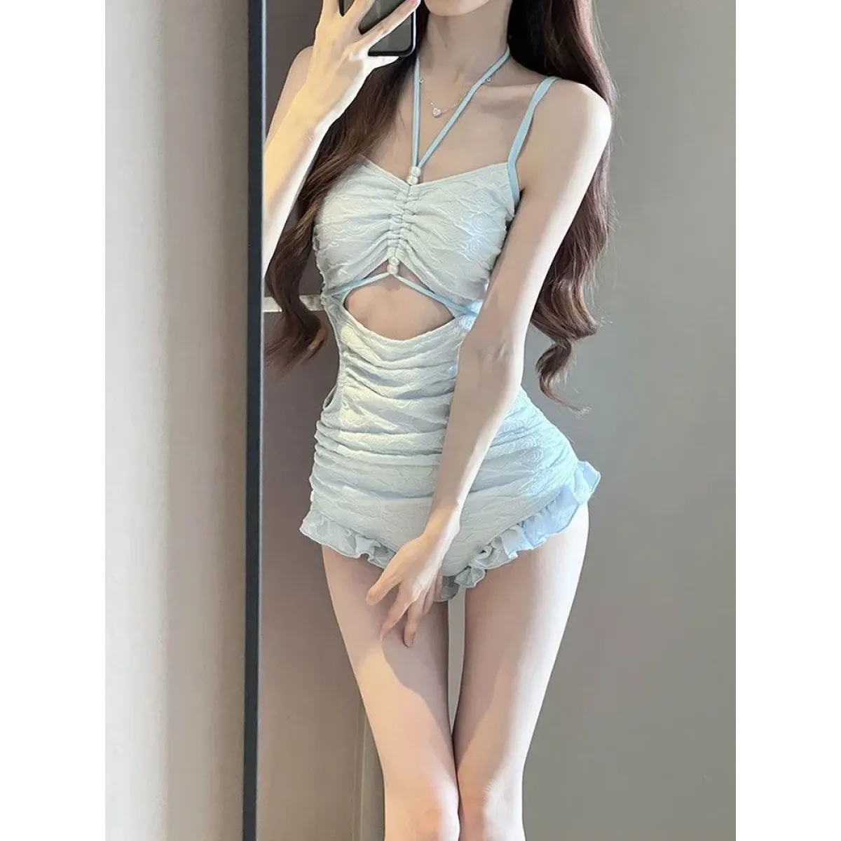Pearl Halter Ruffle Monokini Swimsuit – Sky Blue - Swimsuits - Swimwear - 3