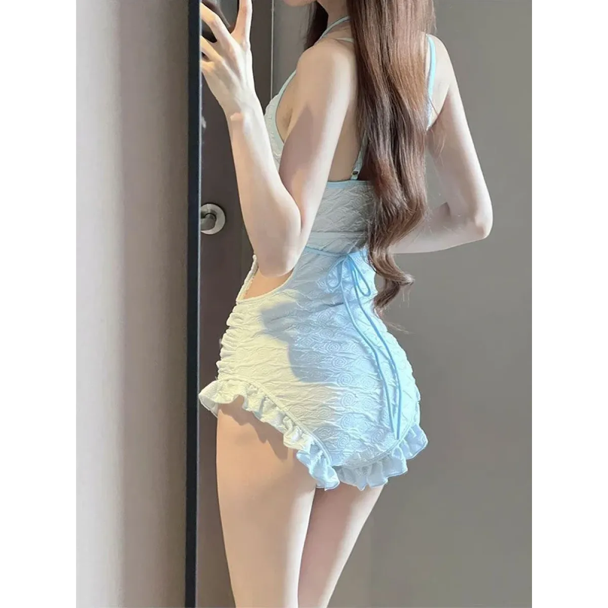 Pearl Halter Ruffle Monokini Swimsuit – Sky Blue - Swimsuits - Swimwear - 4