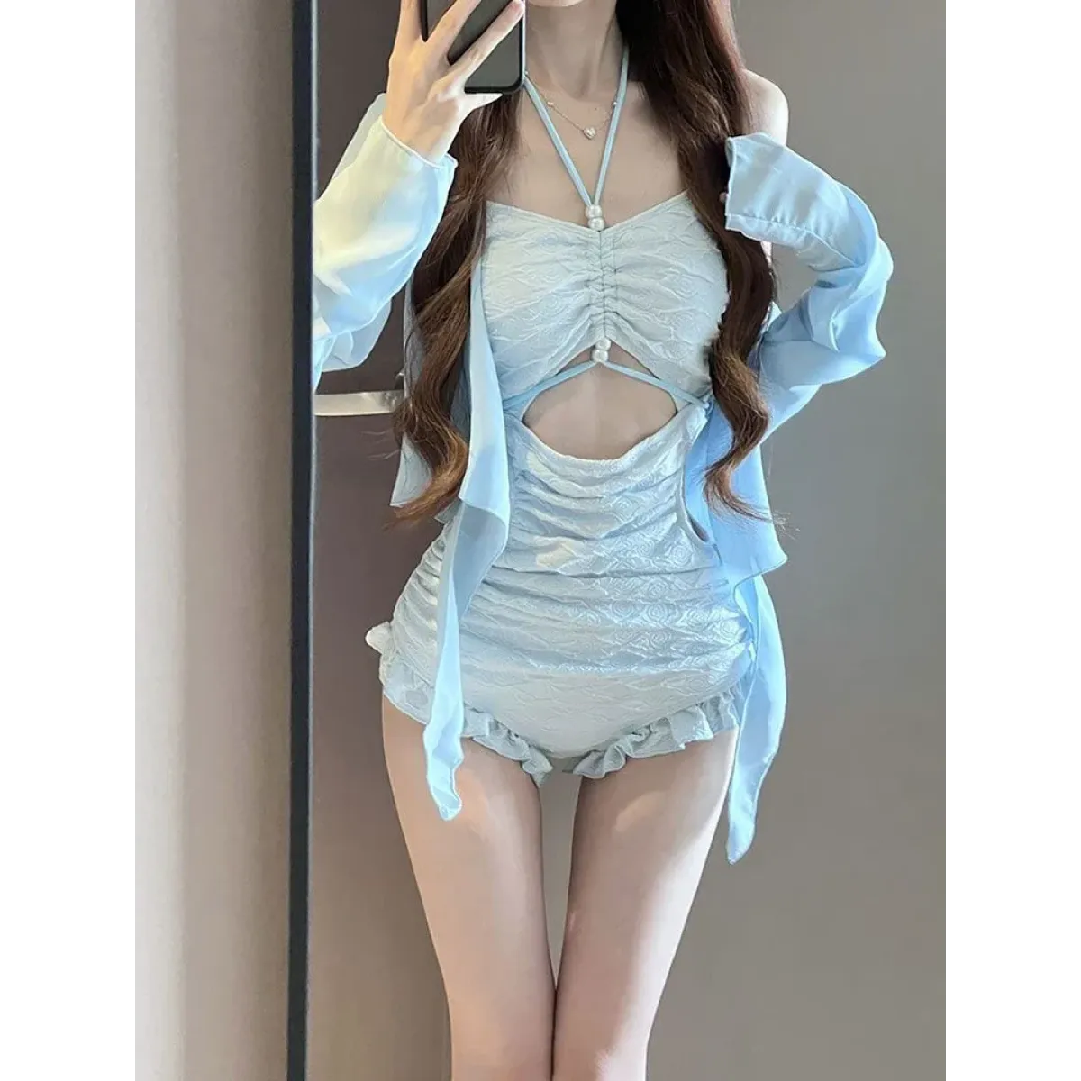 Pearl Halter Ruffle Monokini Swimsuit – Sky Blue - Swimsuits - Swimwear - 5