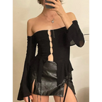 Off Shoulder Long Sleeve T-shirts - T-Shirts - Long - V-neck - T-Shirts - 17