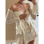 Off Shoulder Long Sleeve T-shirts - T-Shirts - Long - V-neck - T-Shirts - 4