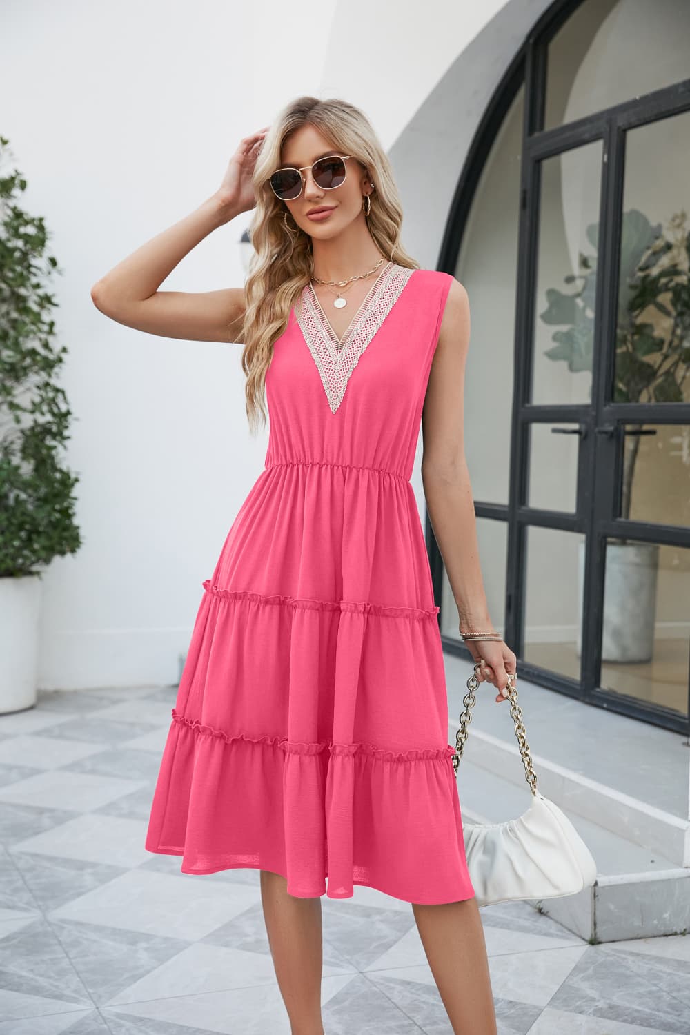 V-Neck Sleeveless Tiered Dress - Pink / S - All Dresses - Dresses - 1 - 2024