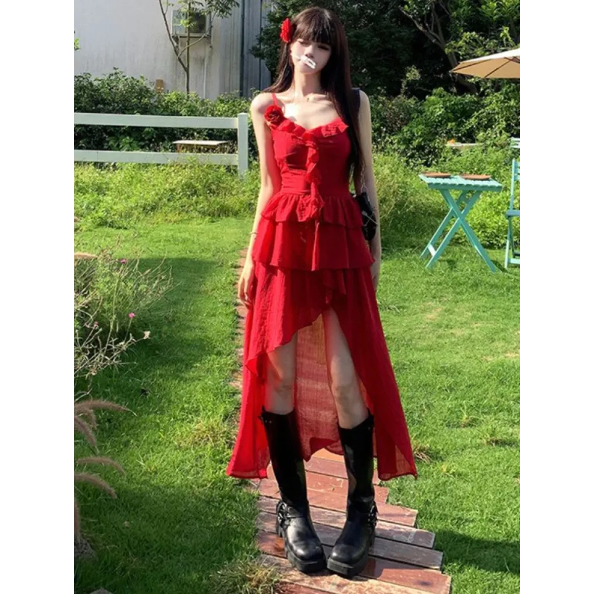 3D Flower Ruffle Irregular Hem Harajuku Dress - All Dresses - Dress - 1