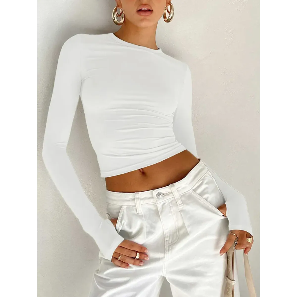 Harajuku Slim Fit Long Sleeve Crop Top - Women’s Clothing & Accessories - Tops - 11