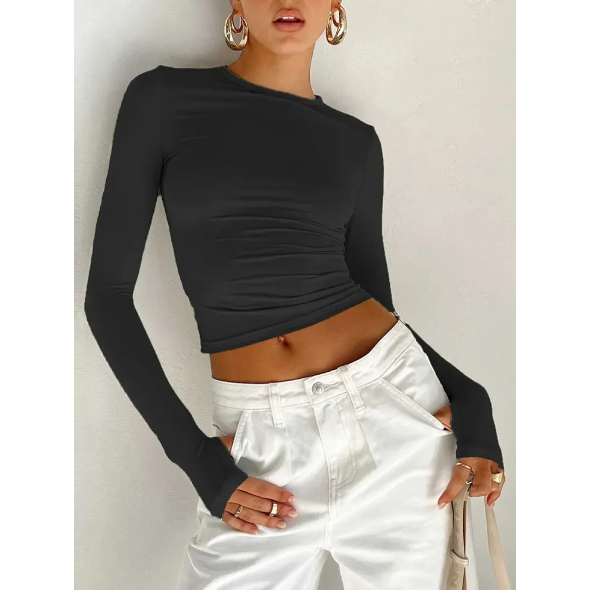 Harajuku Slim Fit Long Sleeve Crop Top - Women’s Clothing & Accessories - Tops - 12