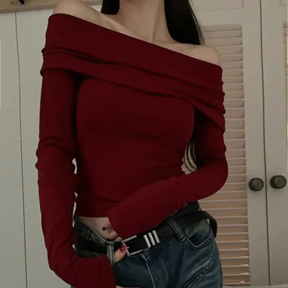 Off-Shoulder Korean Slim Fit Pullover Top - Tops & Tees - Blouse - 1
