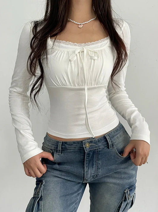 Slim Lace Long Sleeve Top – Kawaii Square Collar Women’s T-Shirt - S / White - T-Shirts - T-Shirts - 2025 - 17