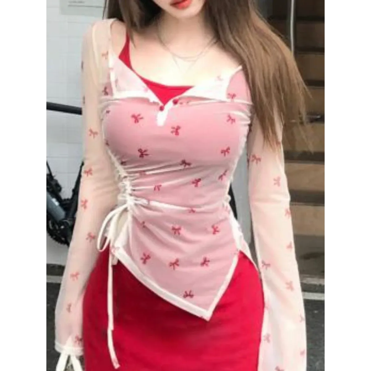 Y2K Bow Mesh Top & Mini Slip Dress Set - All Dresses - Sets / Co-ords - 6