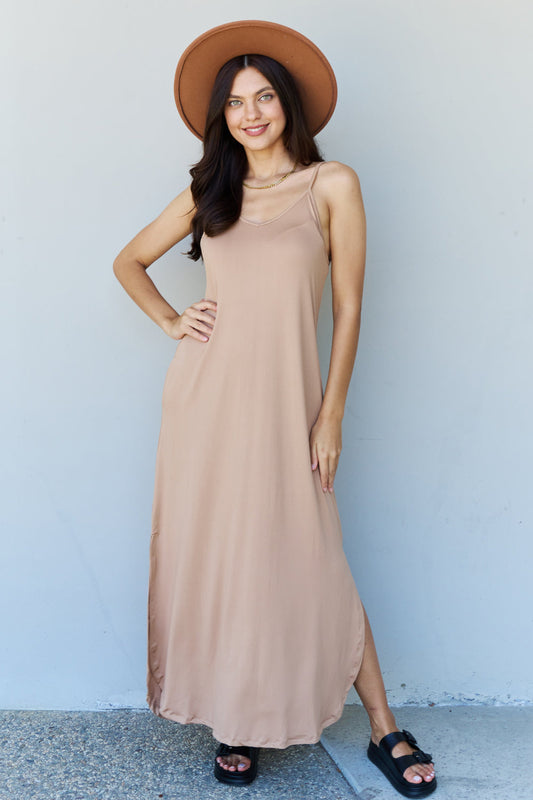 Good Energy Full Size Cami Side Slit Maxi Dress in Camel - Light Brown / S - All Dresses - Dresses - 1 - 2024