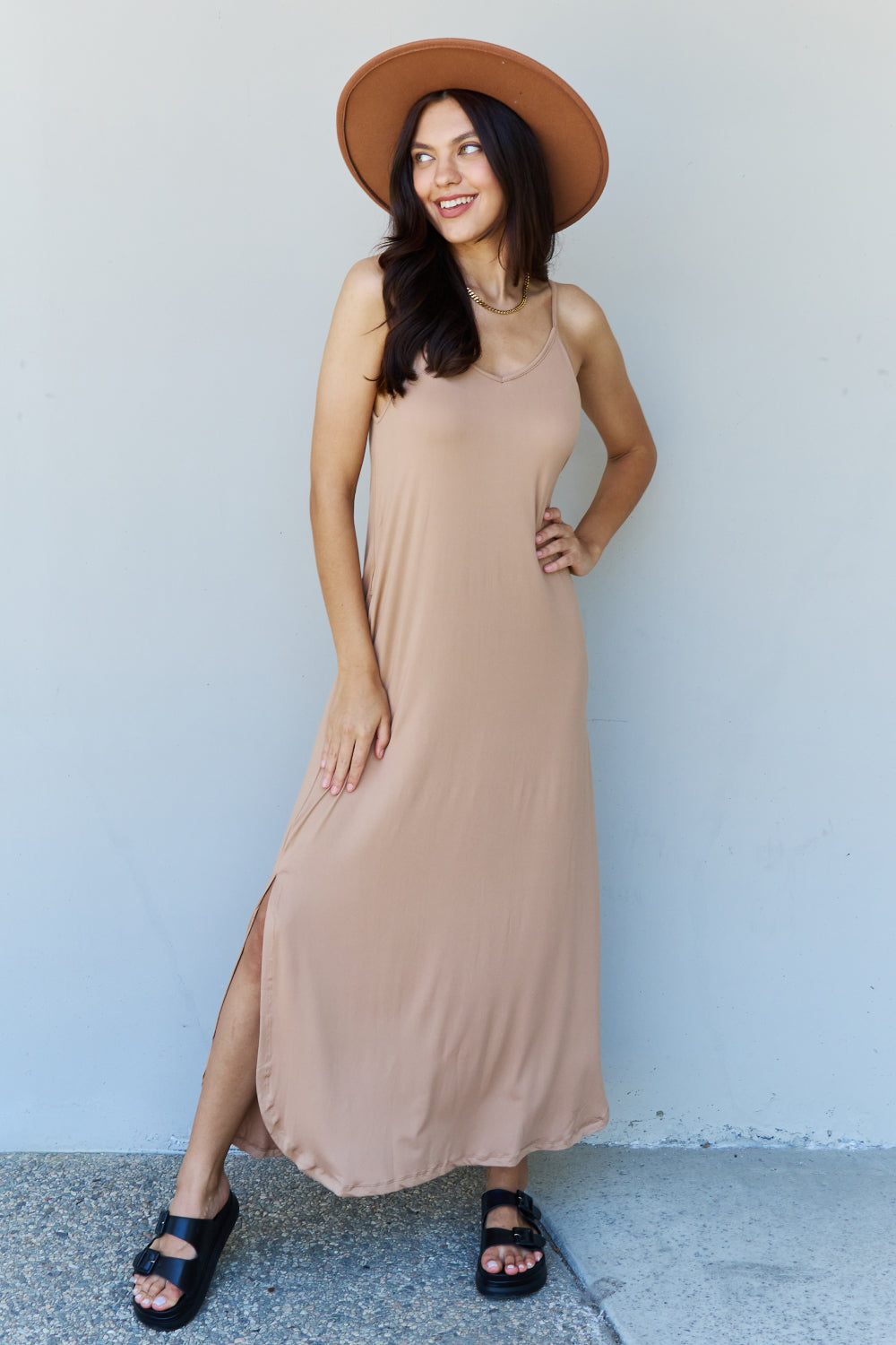 Good Energy Full Size Cami Side Slit Maxi Dress in Camel - All Dresses - Dresses - 3 - 2024