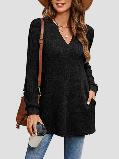 Slit Notched Pocketed Long Sleeve T-Shirt - Black / S - T-Shirts - Shirts & Tops - 10 - 2024