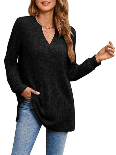 Slit Notched Pocketed Long Sleeve T-Shirt - T-Shirts - Shirts & Tops - 11 - 2024