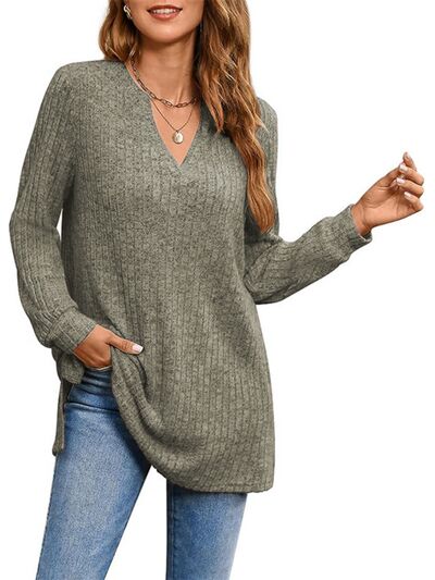 Slit Notched Pocketed Long Sleeve T-Shirt - T-Shirts - Shirts & Tops - 14 - 2024