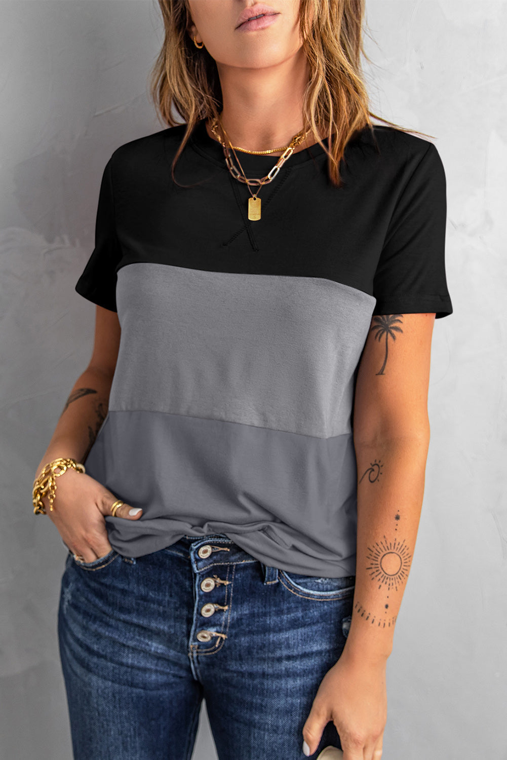 Color Block Side Slit Round Neck T-Shirt - T-Shirts - Shirts & Tops - 8 - 2024