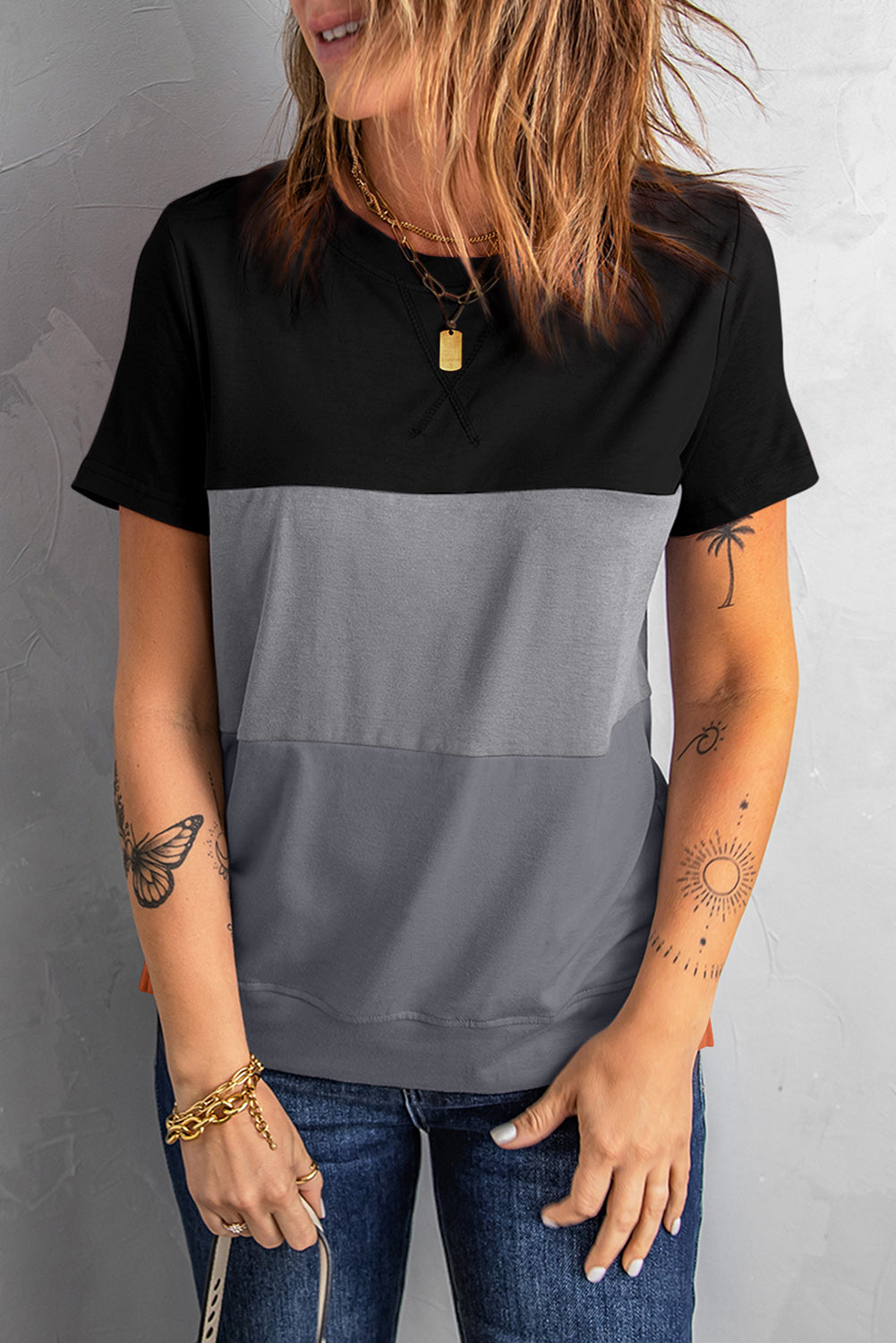 Color Block Side Slit Round Neck T-Shirt - T-Shirts - Shirts & Tops - 7 - 2024