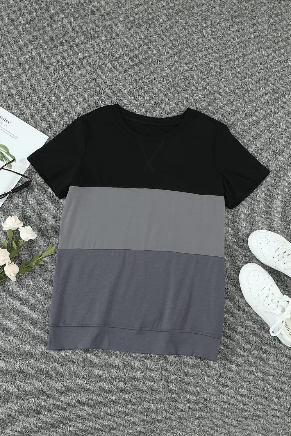 Color Block Side Slit Round Neck T-Shirt - T-Shirts - Shirts & Tops - 11 - 2024