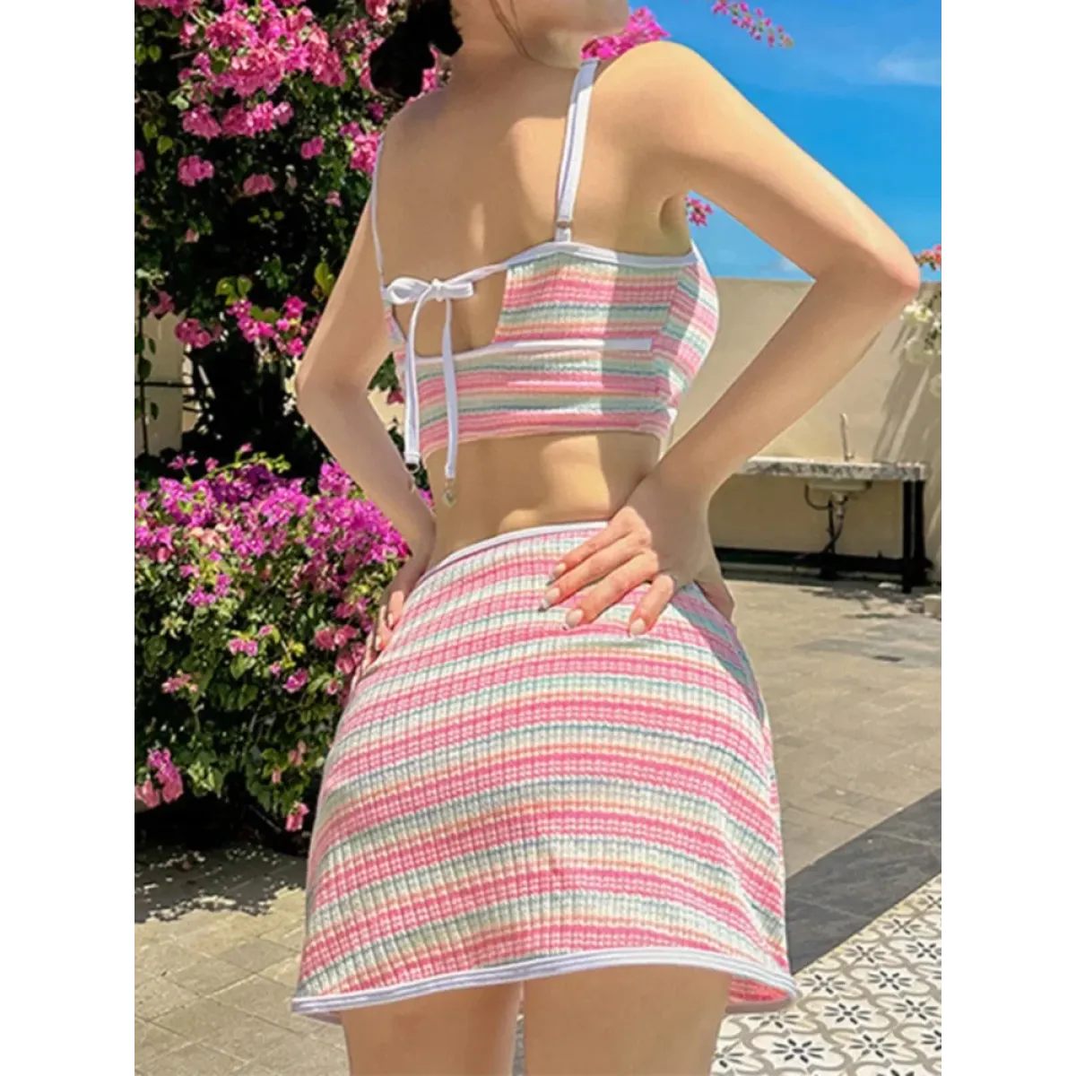 Striped Three-Piece Bikini Set with Slit Skirt - Bottoms - Swimsuits - 4