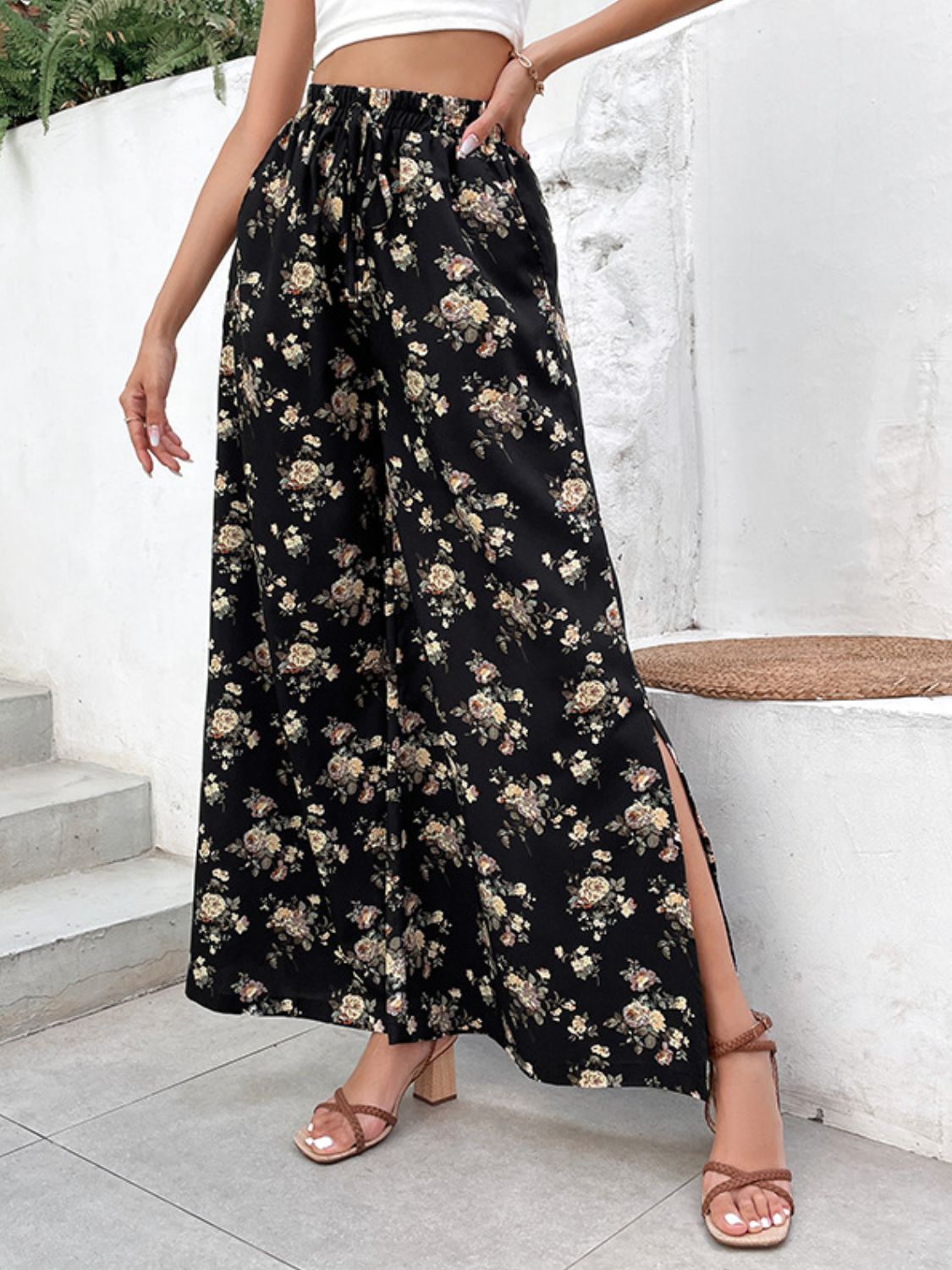 Floral Side Slit Wide Leg Pants - Bottoms - Pants - 3 - 2024