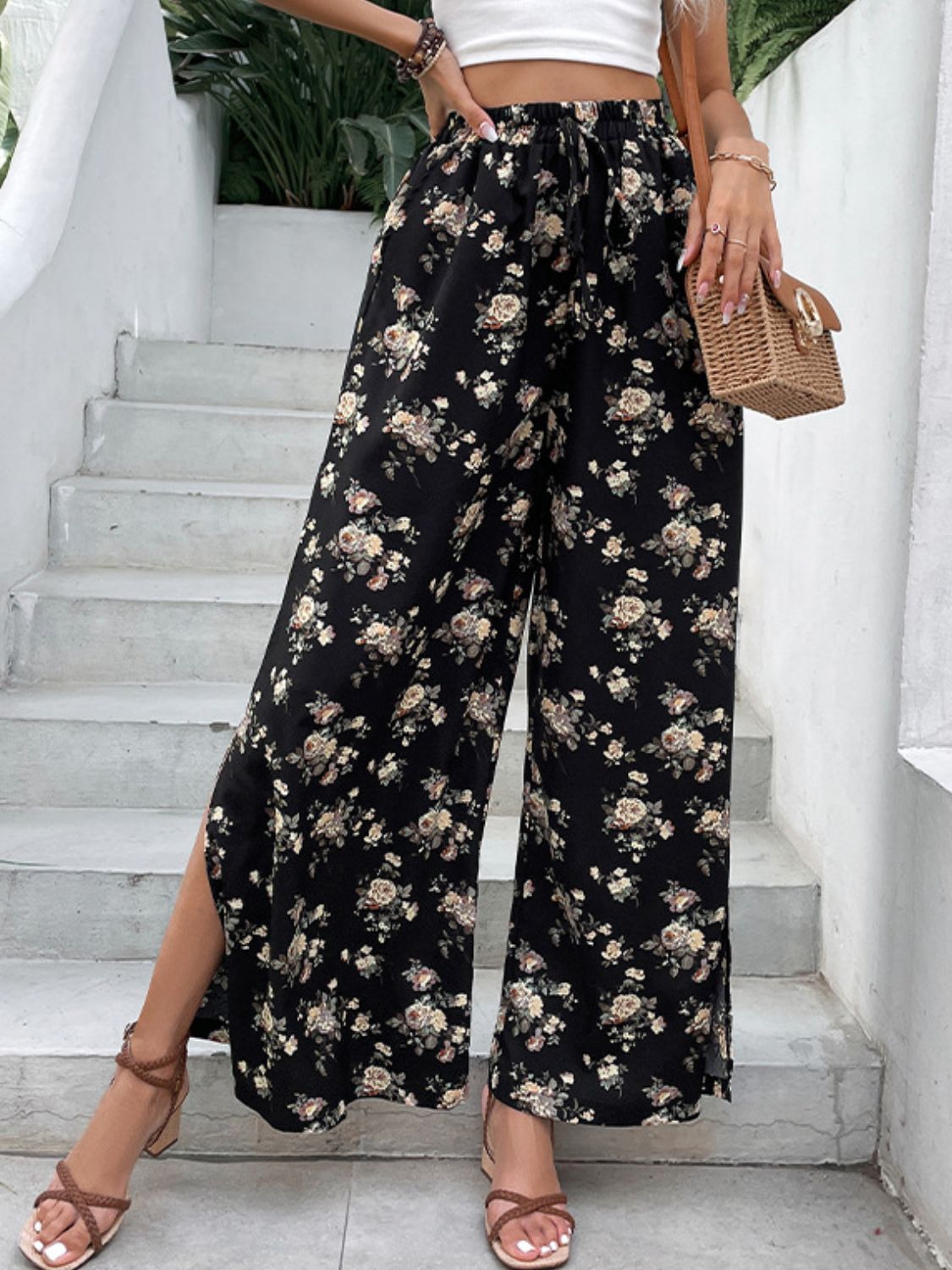 Floral Side Slit Wide Leg Pants - Bottoms - Pants - 4 - 2024