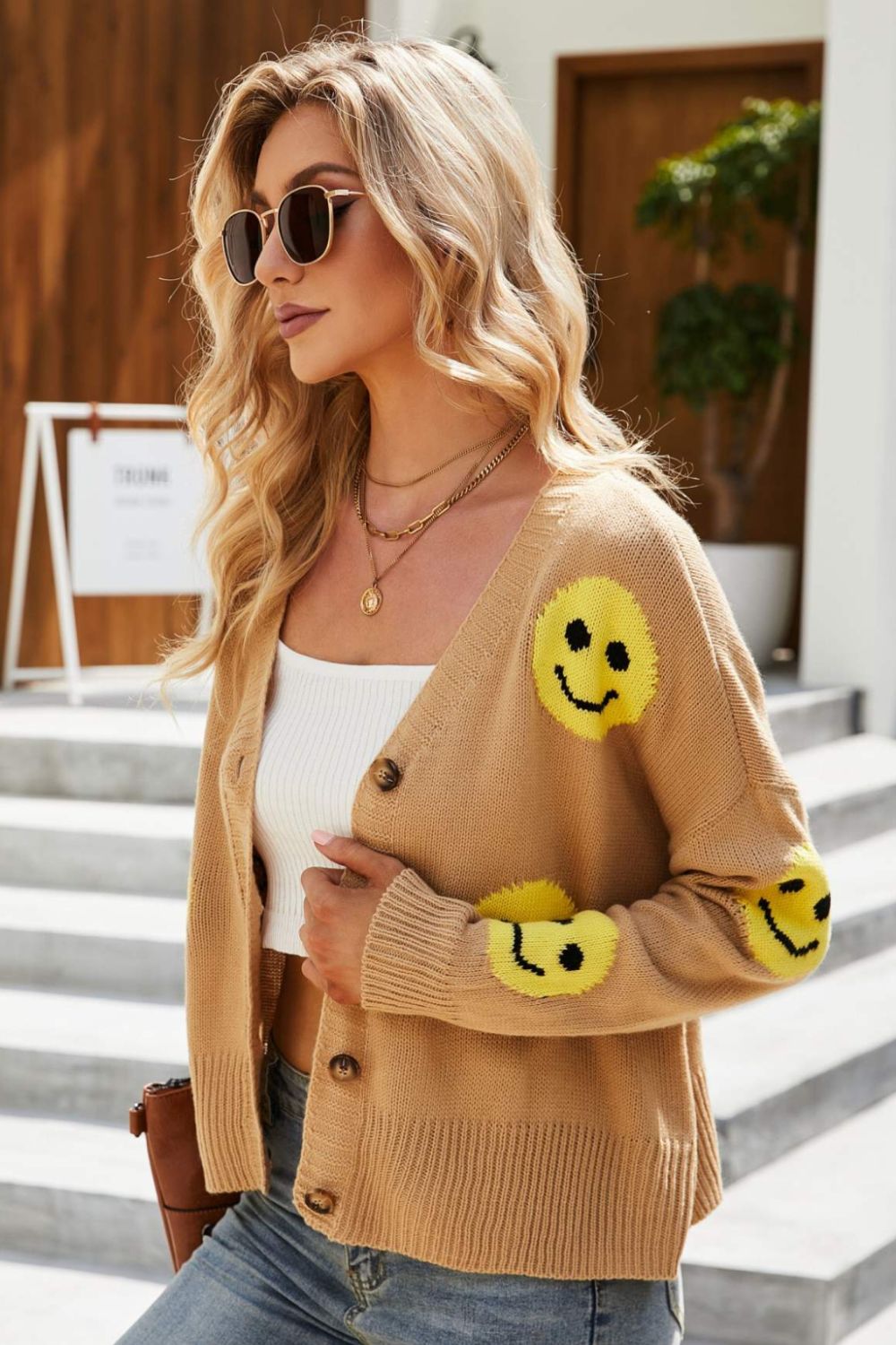 Smiley Face Ribbed Trim V-Neck Cardigan - Women’s Clothing & Accessories - Shirts & Tops - 6 - 2024