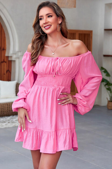 Smocked Balloon Sleeve Off-Shoulder Mini Dress - All Dresses - Dresses - 4 - 2024