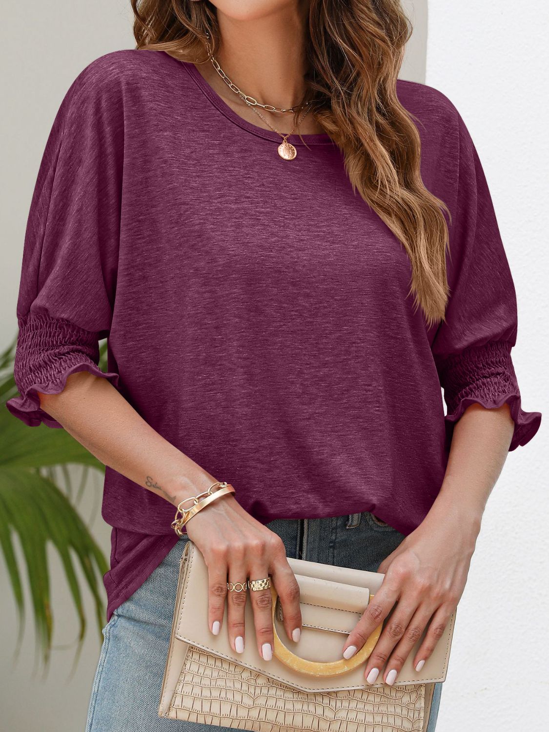 Smocked Flounce Sleeve Round Neck T-Shirt - T-Shirts - Shirts & Tops - 17 - 2024