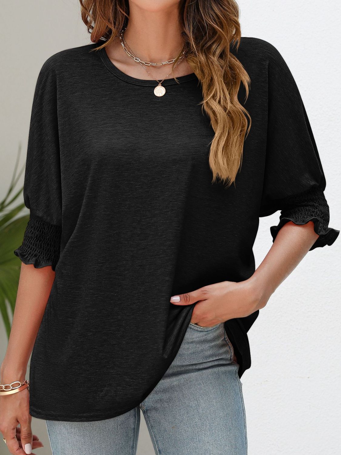 Smocked Flounce Sleeve Round Neck T-Shirt - Black / S - T-Shirts - Shirts & Tops - 7 - 2024