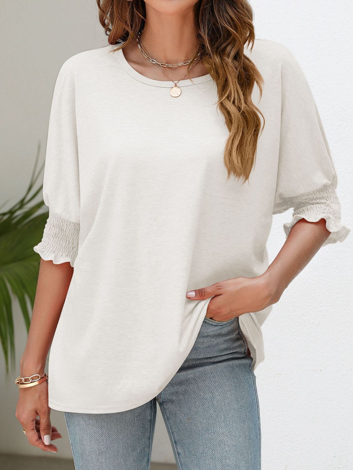 Smocked Flounce Sleeve Round Neck T-Shirt - T-Shirts - Shirts & Tops - 23 - 2024