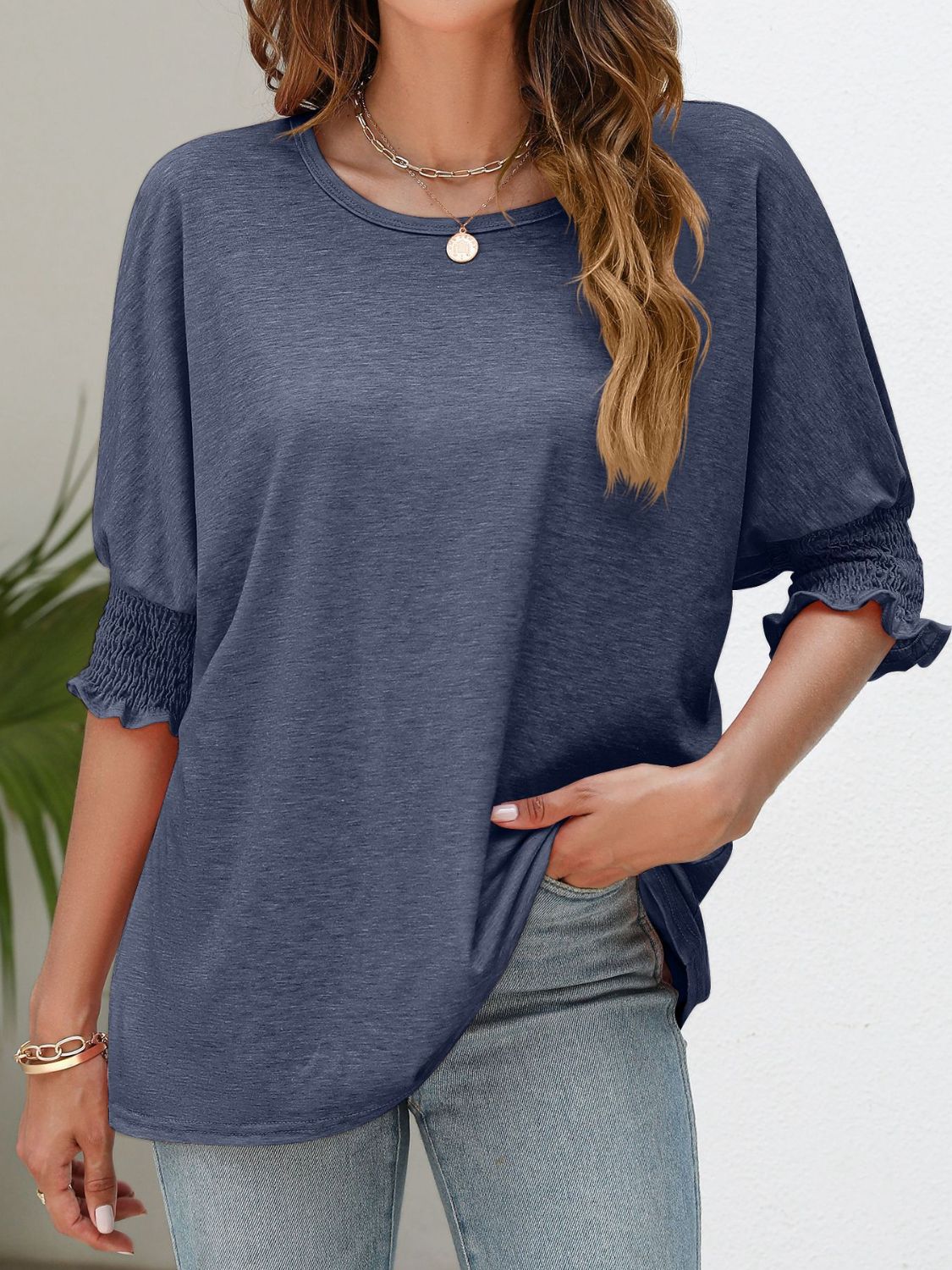 Smocked Flounce Sleeve Round Neck T-Shirt - Blue / S - T-Shirts - Shirts & Tops - 10 - 2024