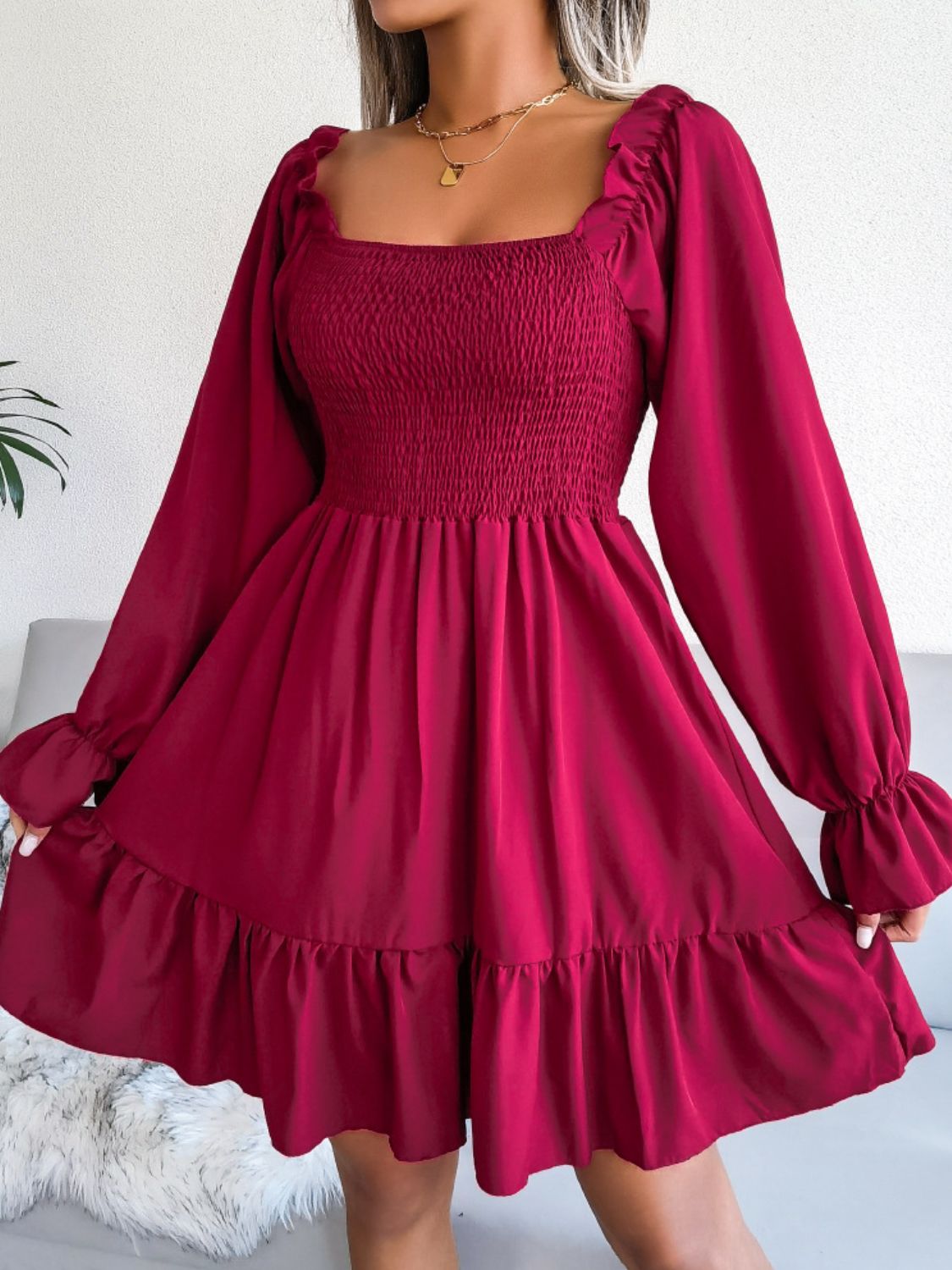 Smocked Flounce Sleeve Square Neck Dress - All Dresses - Dresses - 10 - 2024