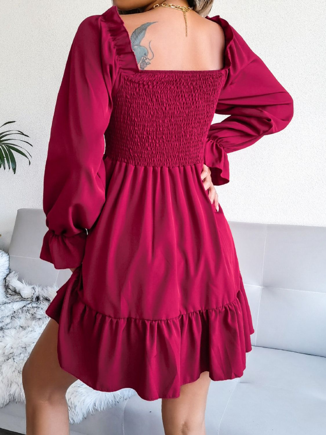 Smocked Flounce Sleeve Square Neck Dress - All Dresses - Dresses - 12 - 2024