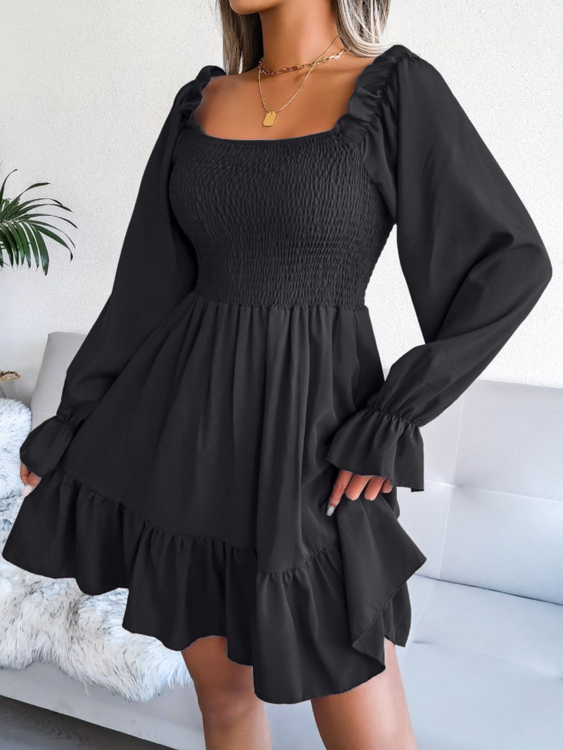 Smocked Flounce Sleeve Square Neck Dress - Black / S - All Dresses - Dresses - 13 - 2024