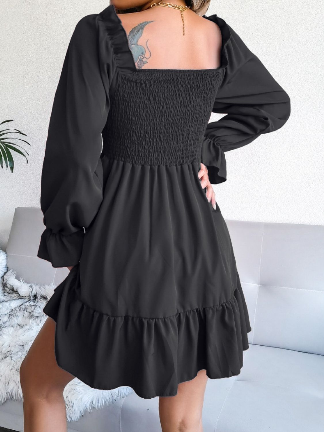 Smocked Flounce Sleeve Square Neck Dress - All Dresses - Dresses - 16 - 2024