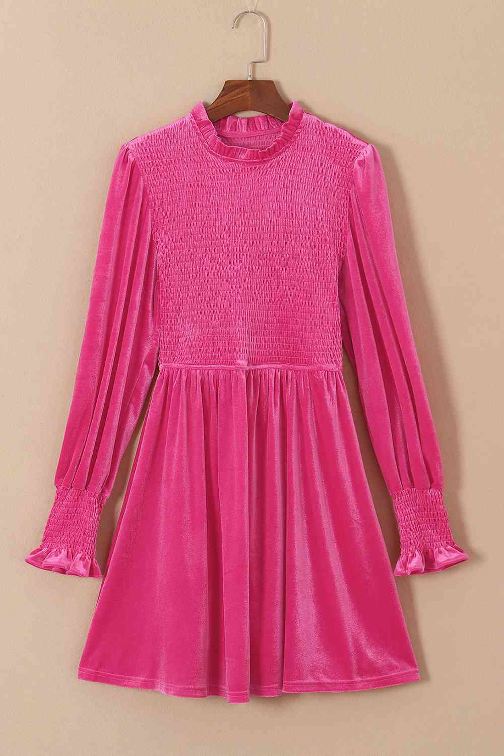 Smocked Round Neck Long Sleeve Dress - Hot Pink / S - All Dresses - Dresses - 1 - 2024