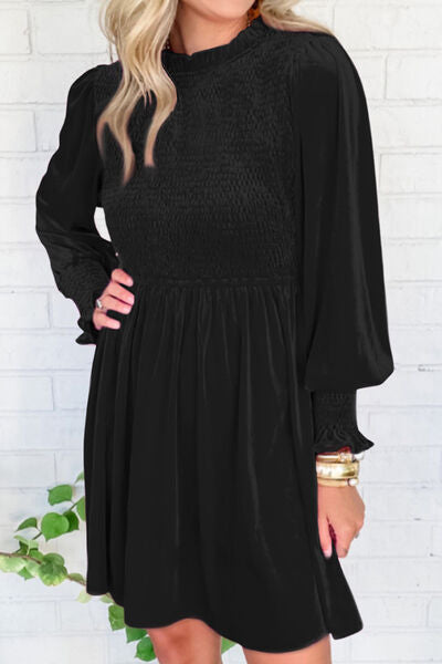 Smocked Round Neck Long Sleeve Dress - Black / S - All Dresses - Dresses - 6 - 2024