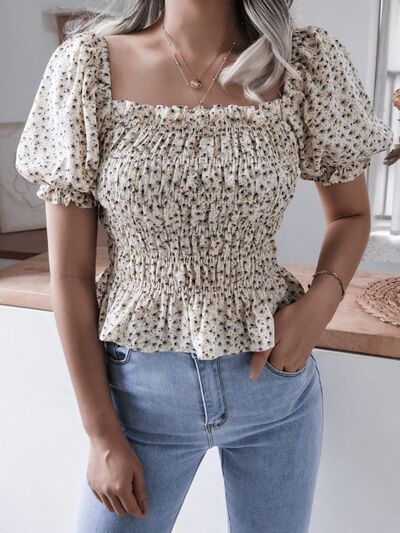 Frill Smocked Square Neck Short Sleeve Blouse - White / S - Women’s Clothing & Accessories - Shirts & Tops - 7 - 2024