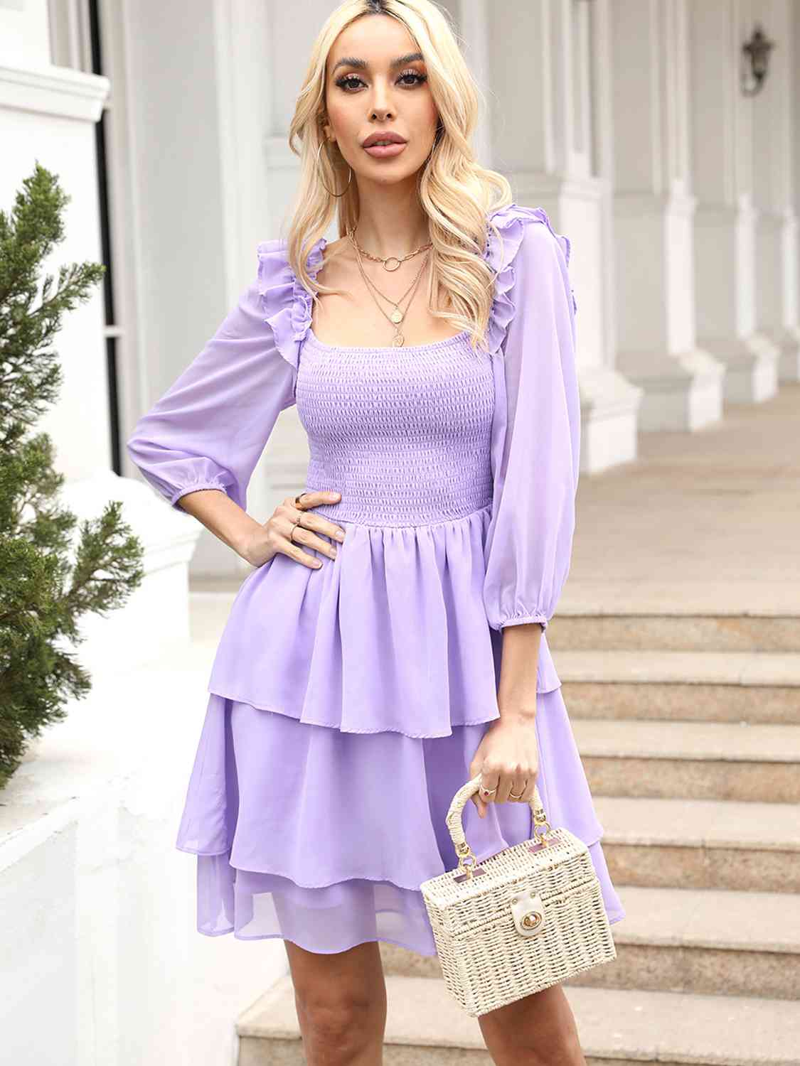 Smocked Square Neck Layered Dress - Lavender / S - All Dresses - Dresses - 1 - 2024